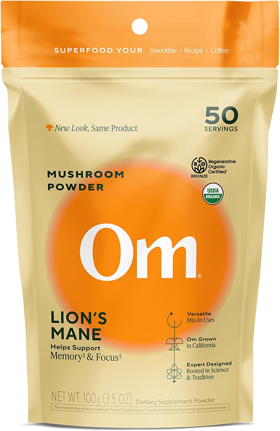 Om Lion’s Mane Mushroom Powder - Organic Mushroom Supplement and Nootropic - Support Memory, Focus and Nerve Health
