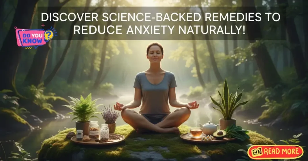 Person meditating in nature surrounded by natural remedies for anxiety including herbs, supplements, and teas, representing calm and stress relief.
