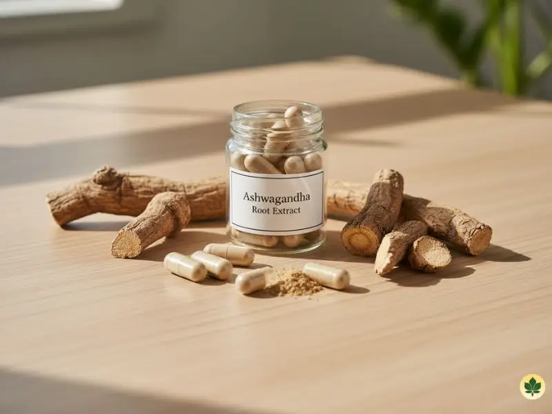 Ashwagandha capsules and root on a table, a natural anxiety remedy