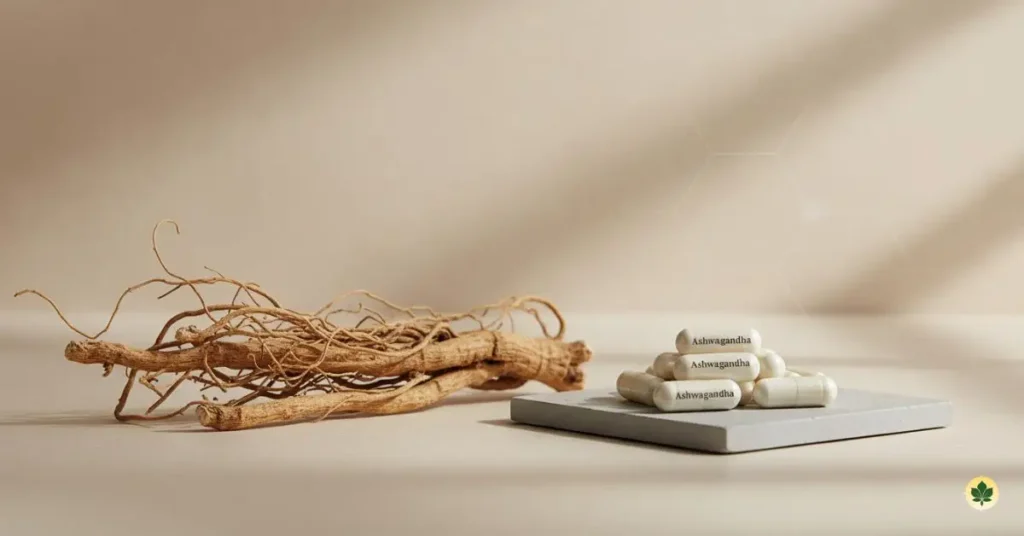 Ashwagandha root and capsules used to reduce stress and improve sleep quality
