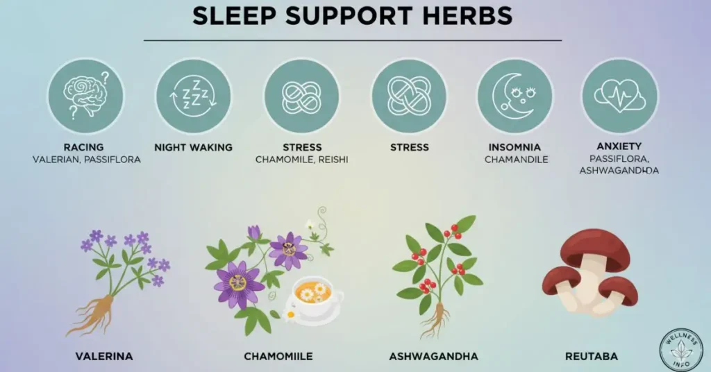 Chart showing the best herbs for better sleep based on anxiety, insomnia, stress, and nighttime awakenings