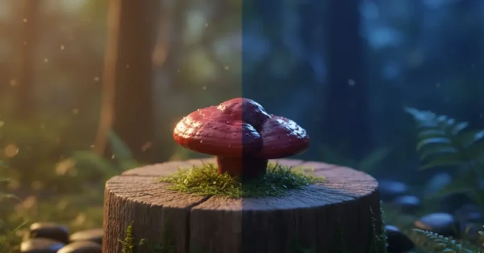 best-time-to-take-reishi-morning-or-night Best time to take reishi mushroom illustrated with morning and night lighting.