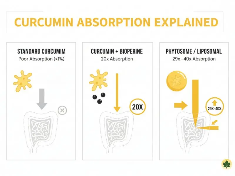 Curcumin bioavailability comparison showing absorption with BioPerine and phytosome technology