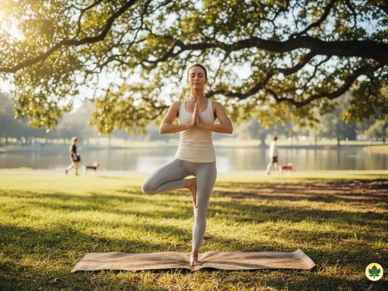Person practicing yoga in nature, promoting exercise and mindfulness for anxiety relief.