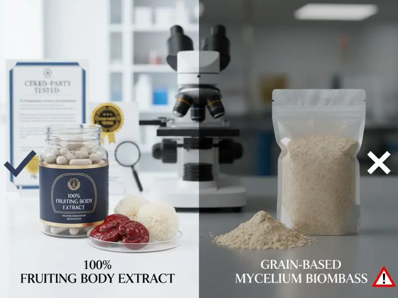 Fruiting body vs mycelium mushroom supplements showing quality differences in Lion’s Mane and Reishi