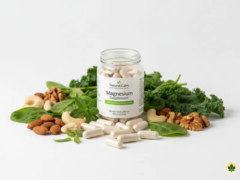 Magnesium capsules with nuts and greens, natural mineral for anxiety relief.