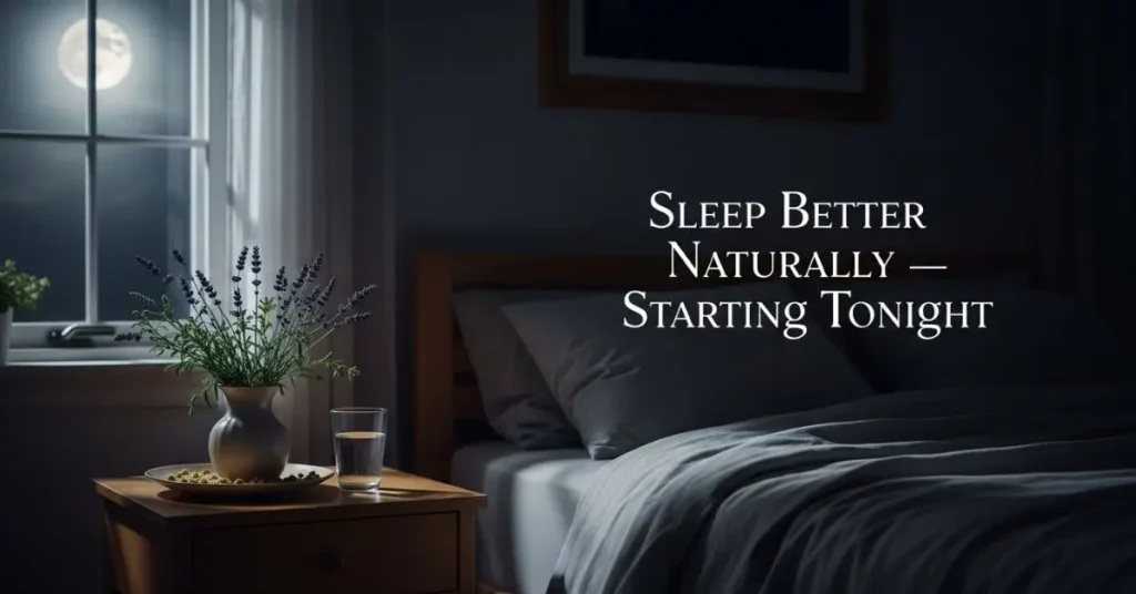 Natural herbs and calming bedroom scene promoting better sleep without medication