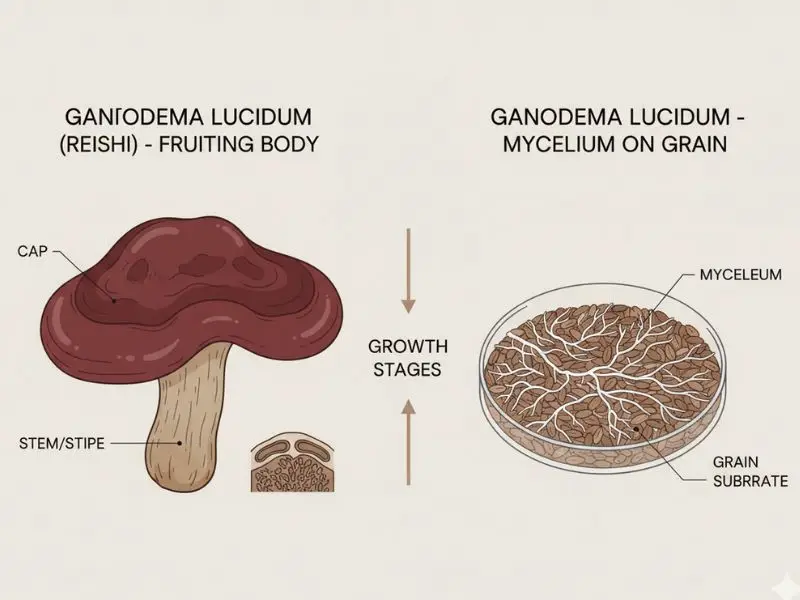 Reishi fruiting body vs mycelium supplement comparison.