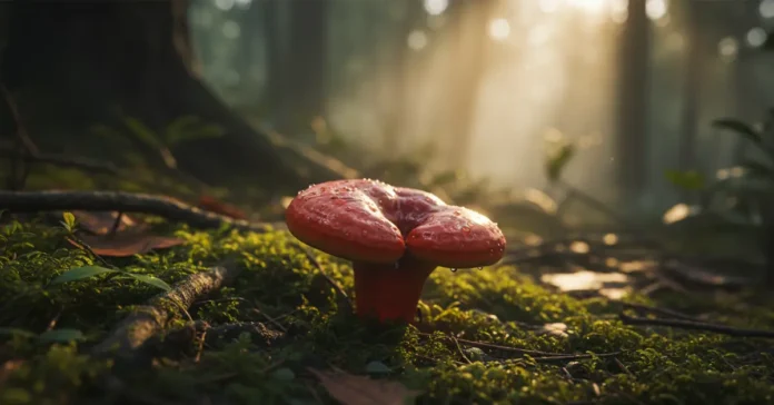 reishi-mushroom-benefits-ganoderma-lucidum Reishi mushroom benefits illustrated by red Ganoderma lucidum growing in nature.