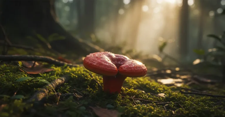 Reishi mushroom benefits illustrated by red Ganoderma lucidum growing in nature.