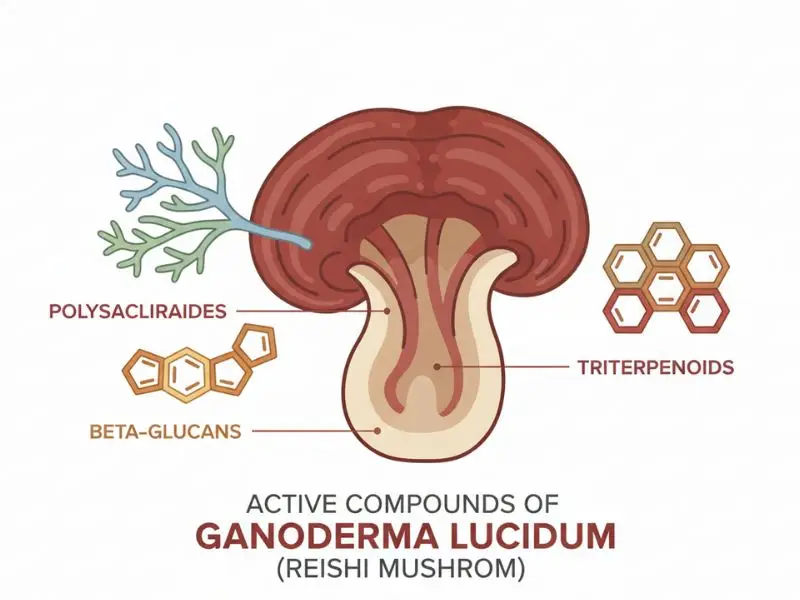 Reishi mushroom compounds including polysaccharides and triterpenoids.