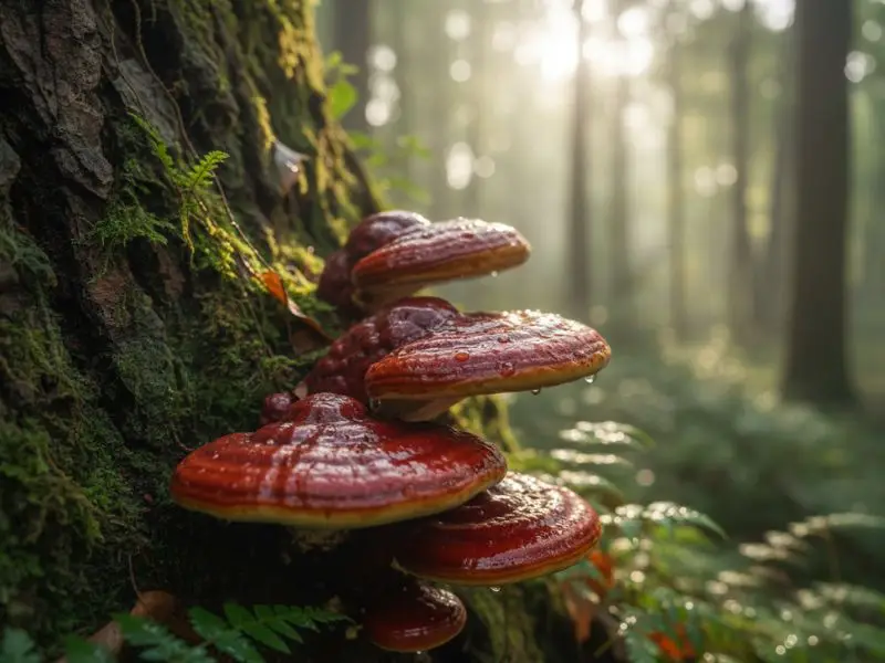 Reishi mushroom Ganoderma lucidum with red glossy cap used for stress, sleep, and immune support