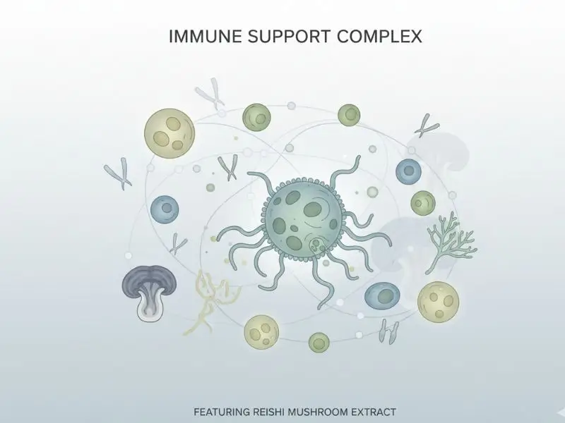 Reishi mushroom immune system support illustrated with immune cells.