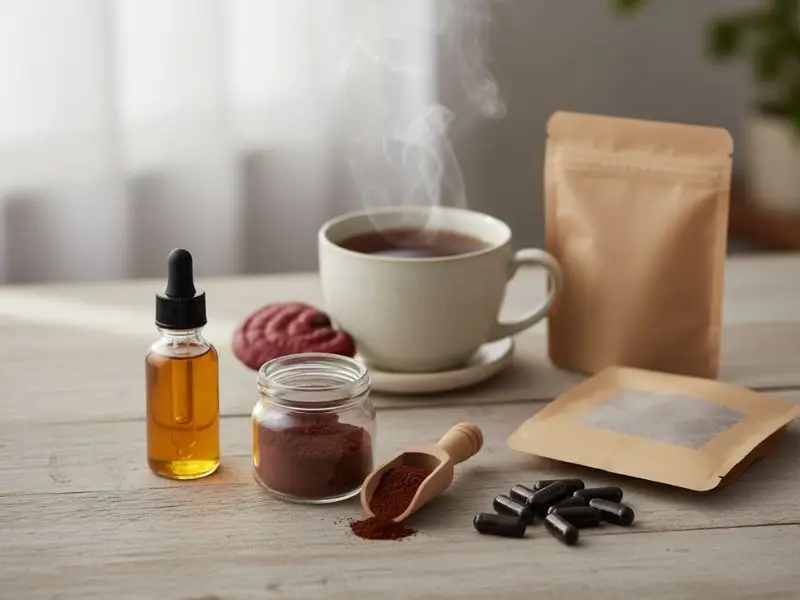 Different reishi mushroom supplement forms including capsules and powder.