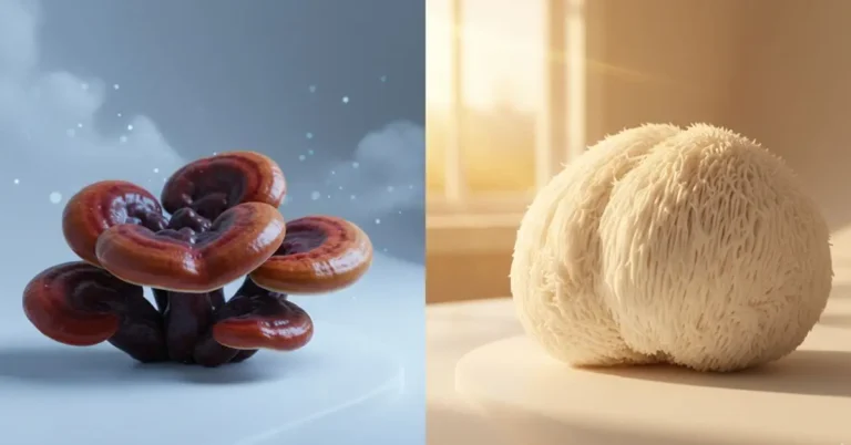 Reishi vs Lion’s Mane mushroom comparison showing differences in brain health, sleep, stress, and immune benefits