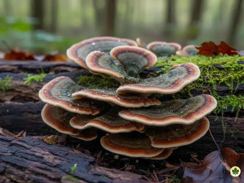 Turkey tail mushroom Trametes versicolor growing in nature