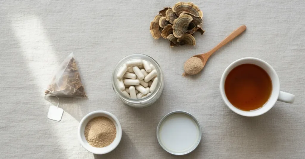 Turkey tail mushroom dosage forms capsules powder and tea