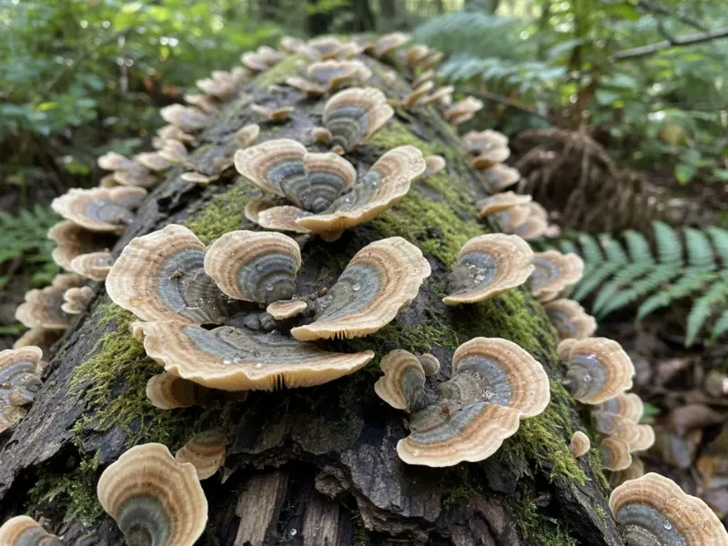 Turkey tail mushroom (Trametes versicolor) growing on wood in nature