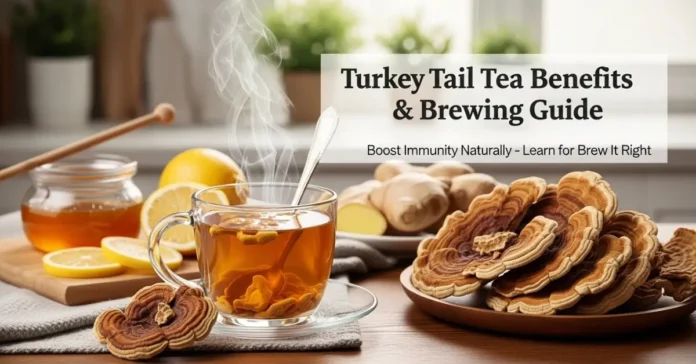 Turkey tail tea with dried trametes versicolor mushrooms showing immune benefits and brewing method