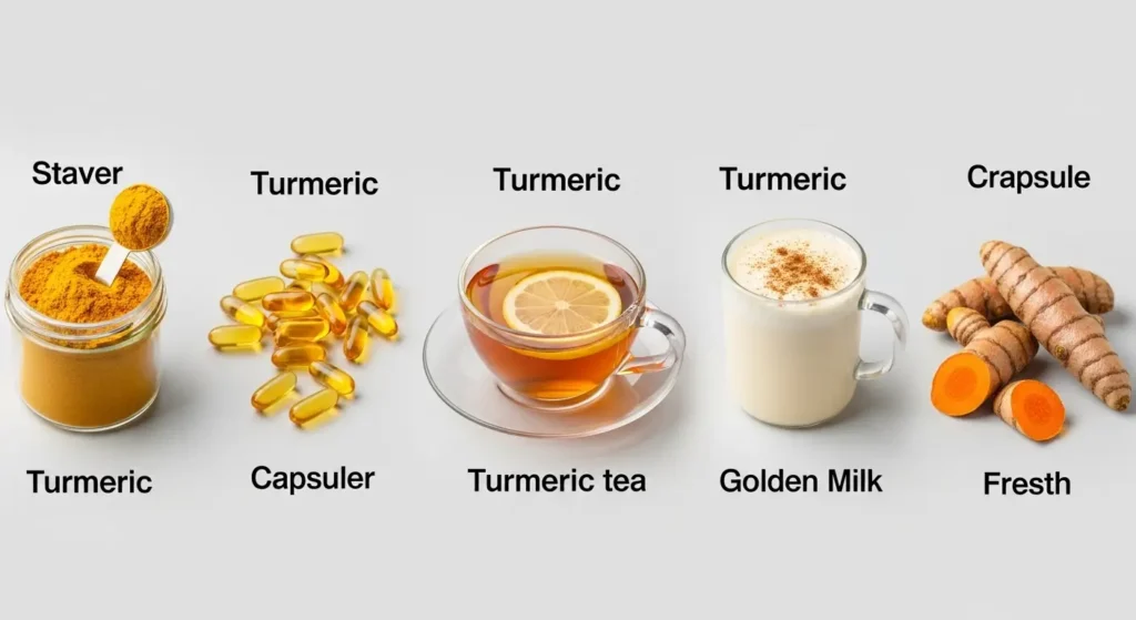 Different forms of turmeric supplements and food sources