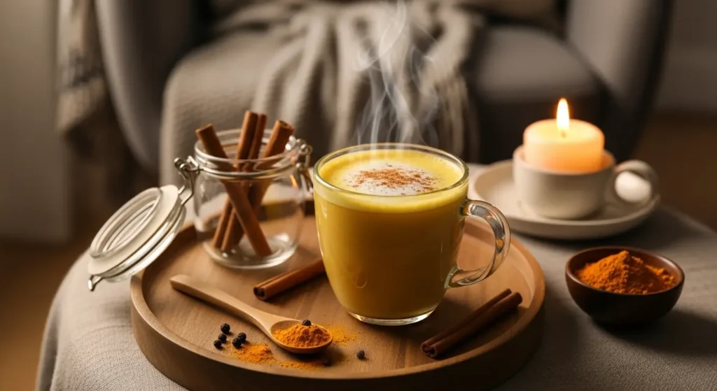 Golden milk turmeric drink taken in the evening