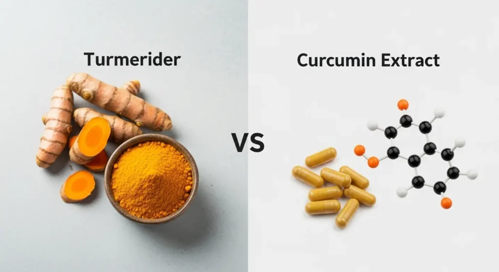 Visual comparison between whole turmeric root and concentrated curcumin extract