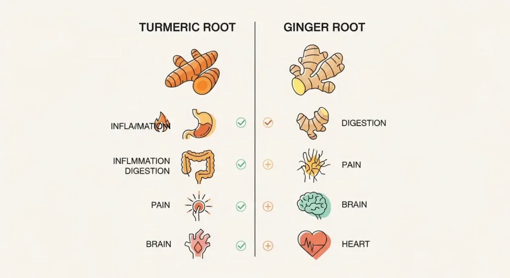 ginger vs turmeric comparison chart inflammation digestion pain