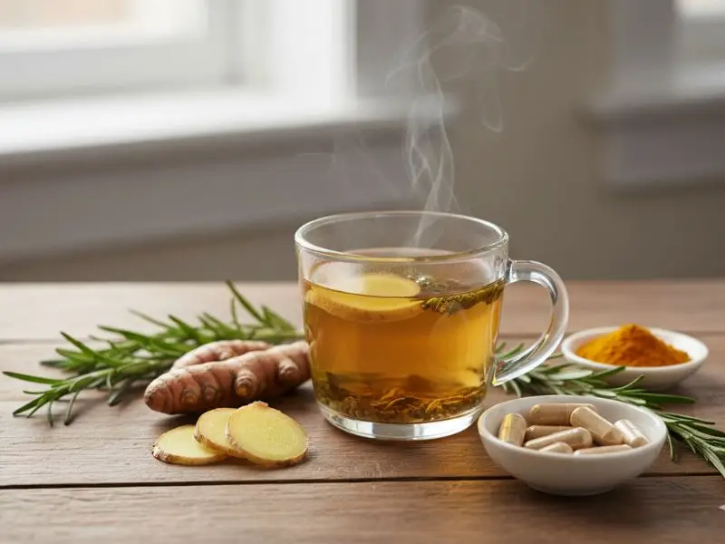 Different forms of anti-inflammatory herbs including capsules, herbal tea, and fresh herbs