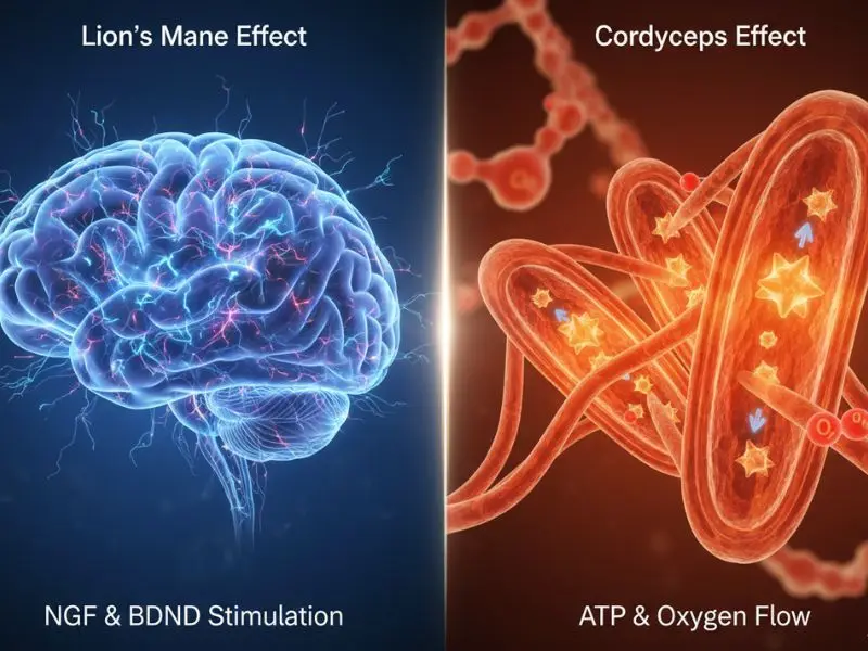 Lion’s Mane brain effects vs Cordyceps ATP energy mechanism illustration