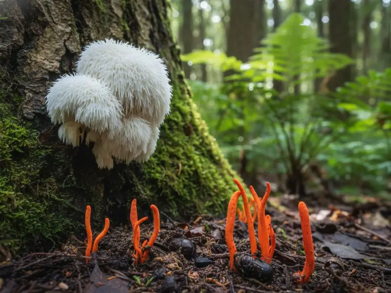 Lion’s Mane and Cordyceps mushrooms in natural environment comparison