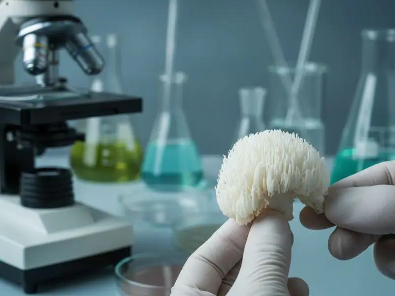 Lion’s Mane mushroom being studied in a laboratory setting