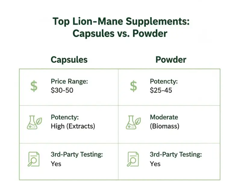 Comparison chart of best Lion’s Mane supplements by potency and price