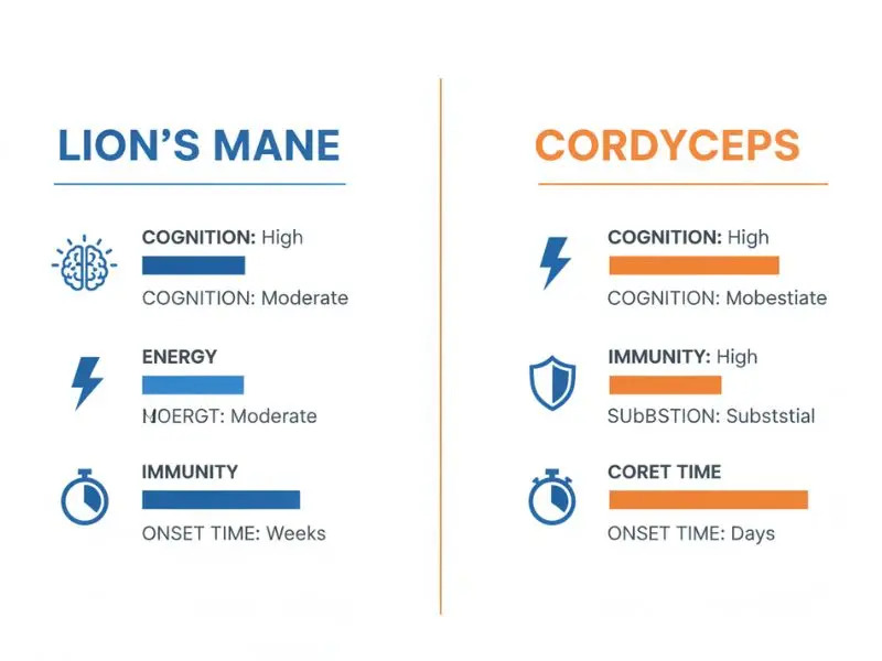 Lion’s Mane vs Cordyceps comparison infographic brain energy benefits