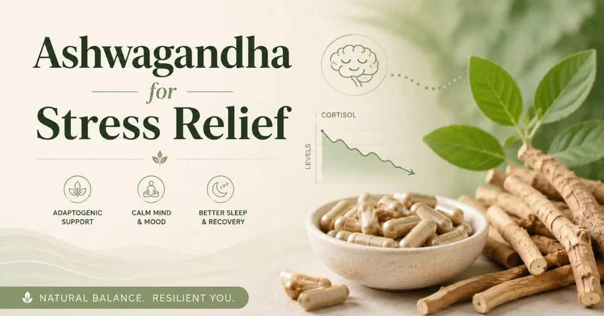 Ashwagandha for stress relief capsules and root on a clean background representing cortisol reduction