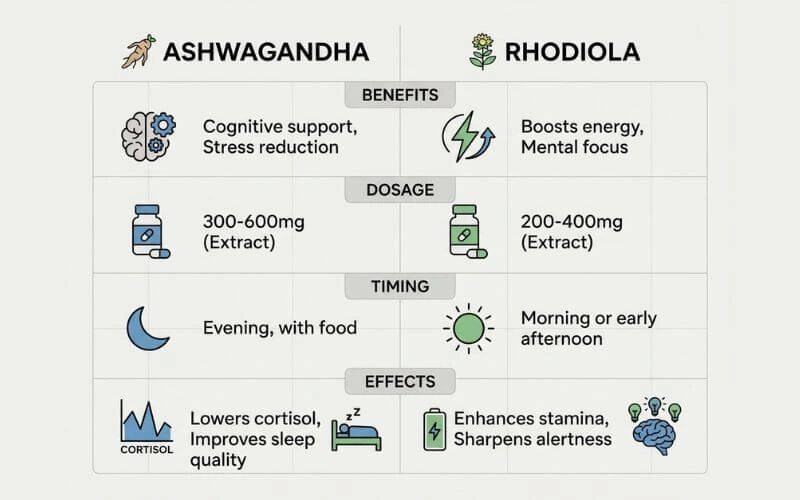 Ashwagandha vs Rhodiola dosage benefits comparison chart