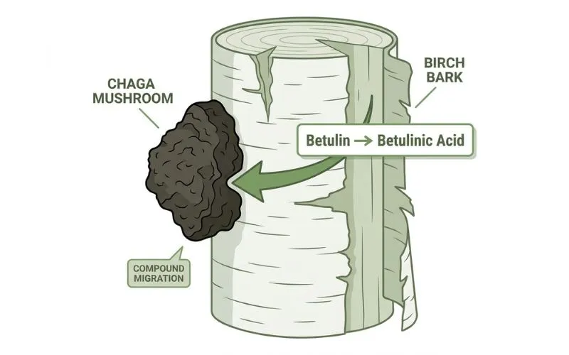 chaga mushroom growing on birch tree producing betulinic acid