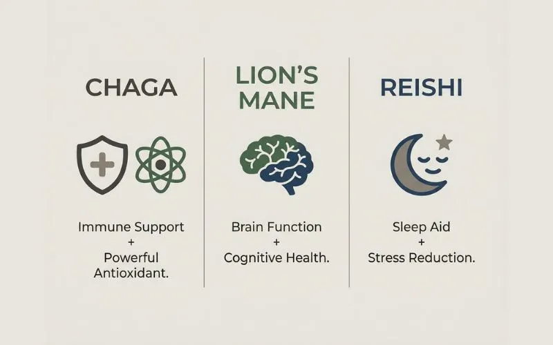 chaga vs lions mane vs reishi mushroom comparison benefits