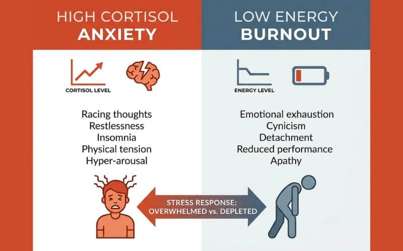 cortisol anxiety vs burnout fatigue difference