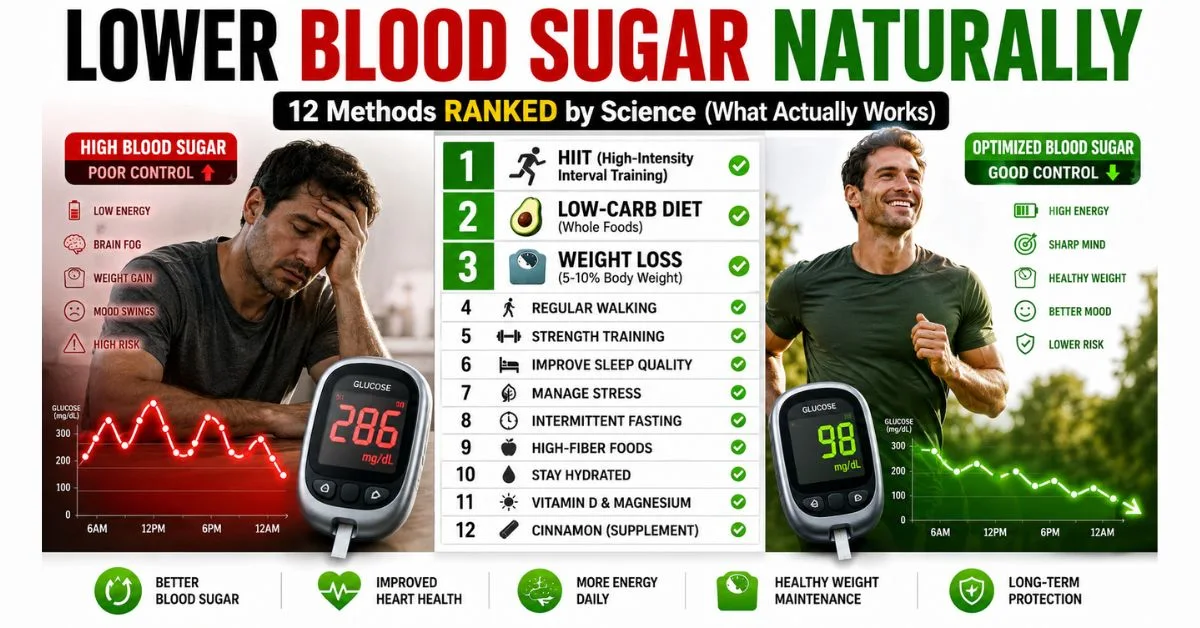 how to lower blood sugar naturally ranked methods infographic showing best and worst strategies