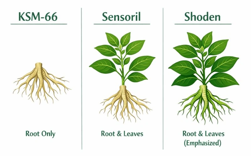 KSM-66 vs Sensoril vs Shoden ashwagandha extract comparison diagram