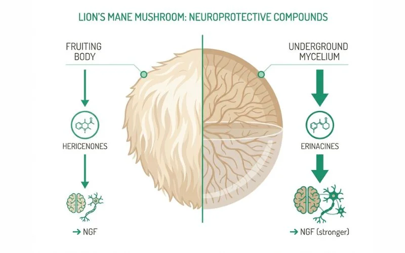 lion's mane mushroom benefits compounds hericenones vs erinacines NGF