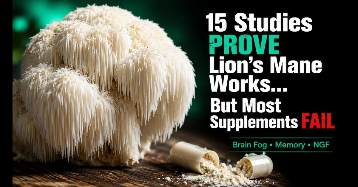 lion's mane mushroom benefits — fresh hericium erinaceus mushroom beside extract powder on wooden surface