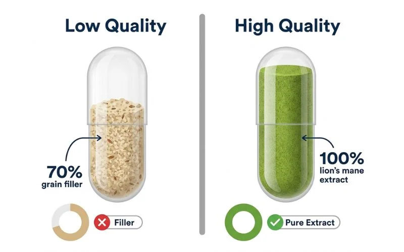 lion's mane supplement quality grain filler vs real extract comparison