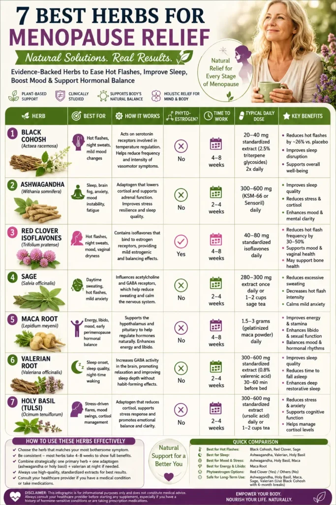 natural 7 best herbs for menopause relief infographic showing symptoms including black cohosh ashwagandha and red clover
