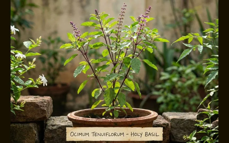 ocimum tenuiflorum plant holy basil tulsi leaves close up