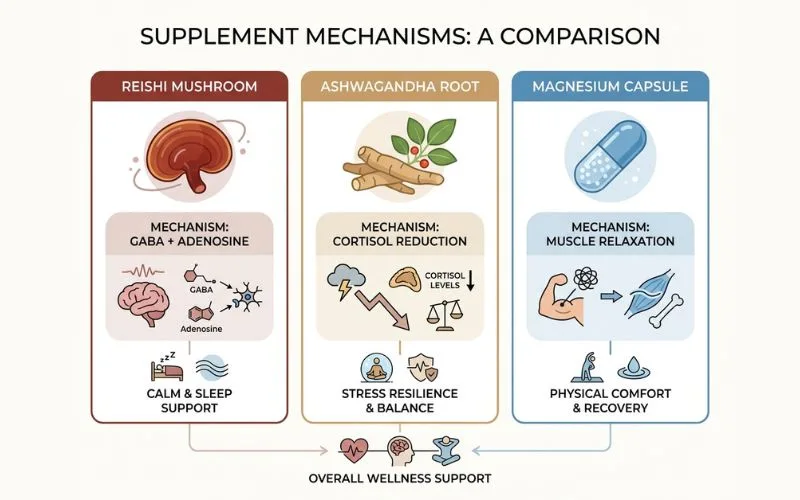 reishi vs ashwagandha vs magnesium for sleep comparison infographic